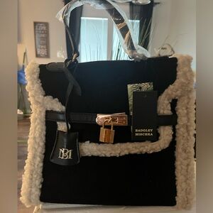 Badgley Mischka black velvet satchel lined in white fur with gold accents